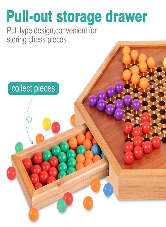 HOLYKING 12.6 Inchs Wooden Chinese Checkers with Drawer-Traditional Board Game with Set of 16mm 60+12 Colorful Acrylic Marbles, Classic Strategy Family Game for up to 6 Players - Image 3